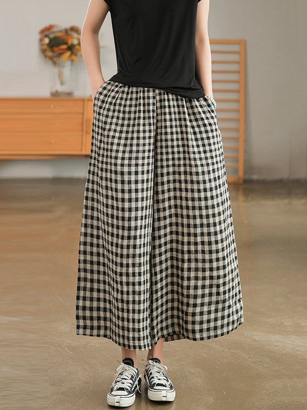 Artistic Retro Linen Loose Wide Legs Plaid Drawstring Pants