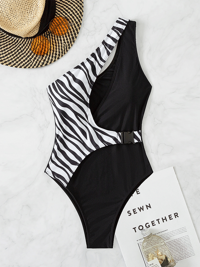 Women's One-Shoulder Zebra Black Plain Fabric Patchwork Belt Buckle Sexy One-Piece Swimsuit