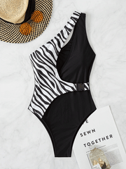 Women's One-Shoulder Zebra Black Plain Fabric Patchwork Belt Buckle Sexy One-Piece Swimsuit