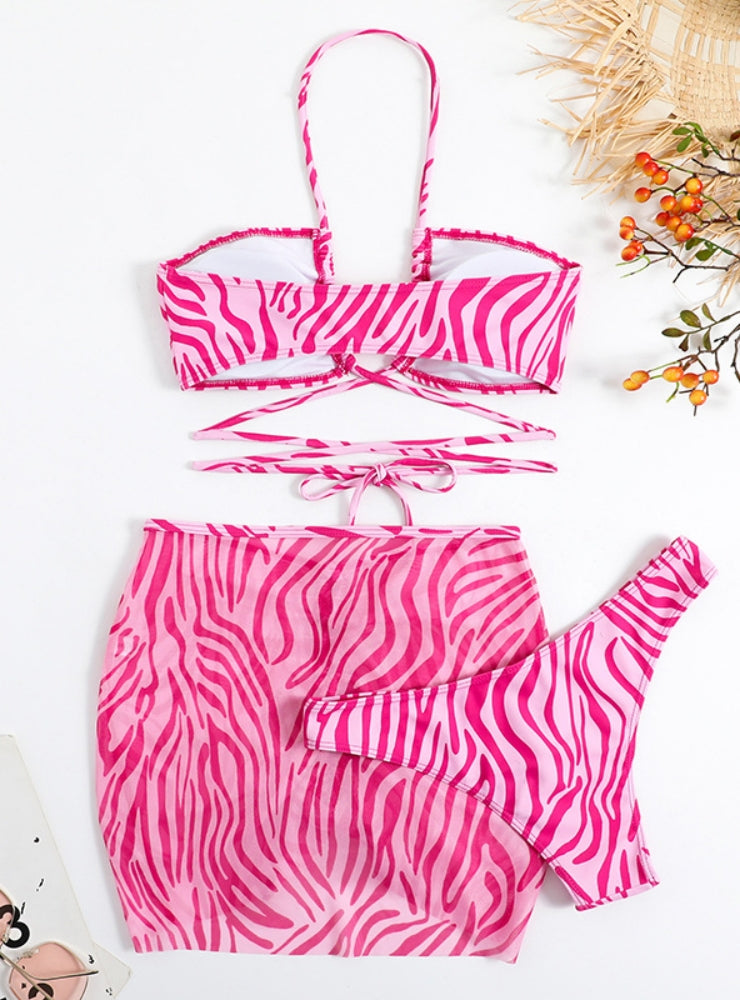 Striped Drawstring Lace-up Three-piece Swimsuit Bikini