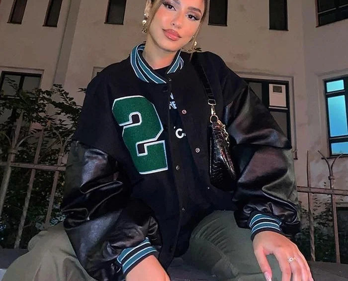 Pu Sleeve Oversized Varsity Jacket