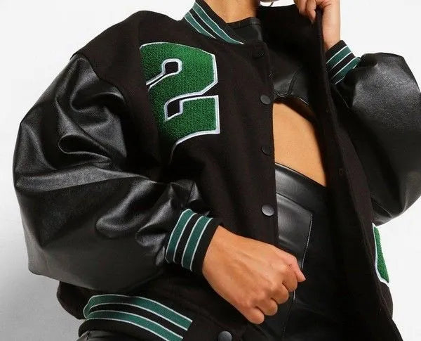 Pu Sleeve Oversized Varsity Jacket