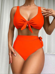 Pure Color Lace High Waist Split Swimsuit