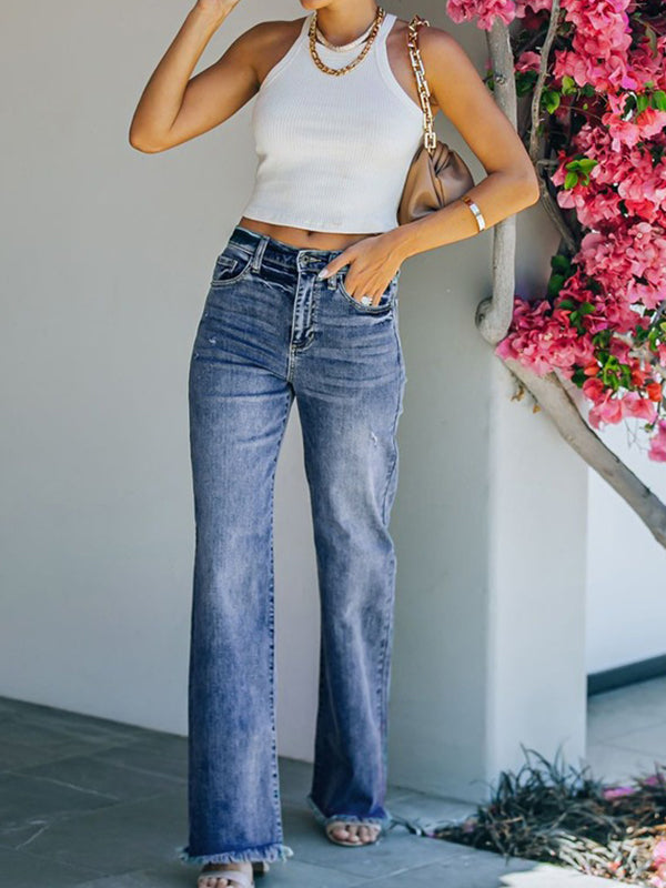 Fringed Gradient Split-Joint Straight Leg Jean Pants Bottoms