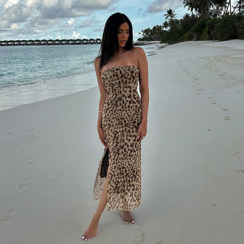 Leopard Print Tube Top Off-neck Side Split Dress