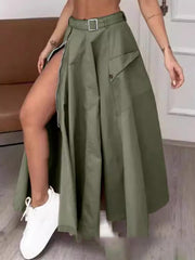 Belted Pockets Split-Joint Split-side Zipper A-line Loose Skirts Bottoms