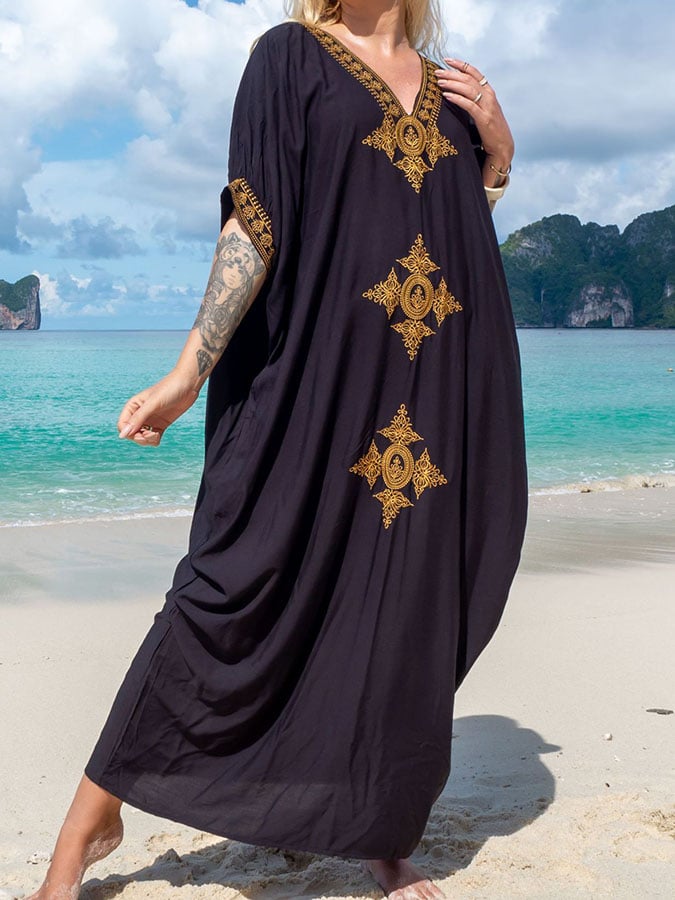 Vintage Embroidered V-neck Resort Blouse