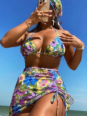 Women's Art Hawaiian Contrast Floral Print Four Piece Swimsuit