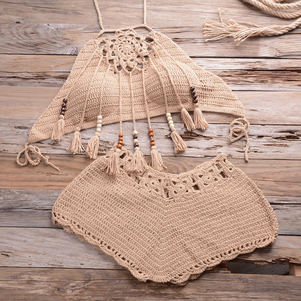 Hand-Wrapped Bohemian Tassel Hollow Out Cutout Bikini Set