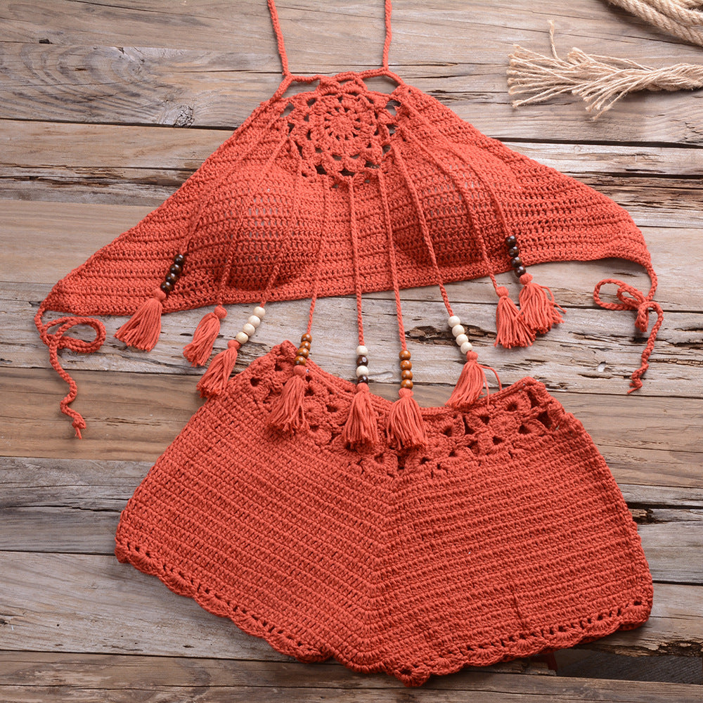 Hand-Wrapped Bohemian Tassel Hollow Out Cutout Bikini Set