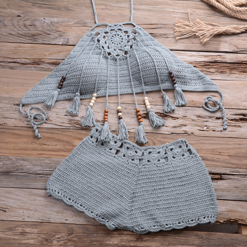 Hand-Wrapped Bohemian Tassel Hollow Out Cutout Bikini Set