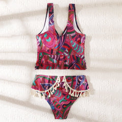 High-waisted fringed boho tankini