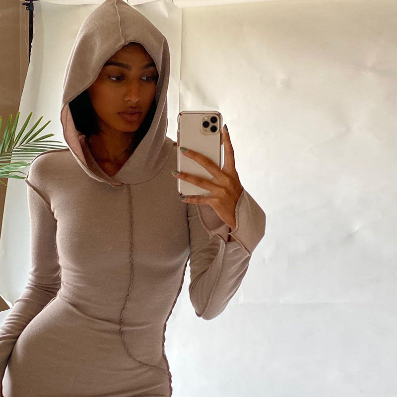 Leah Reverse Stitch Long-Sleeved Hooded Dress