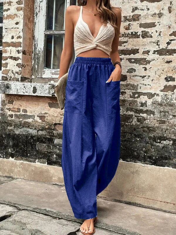 Elasticity Pockets Solid Color Loose Plus Size Pants
