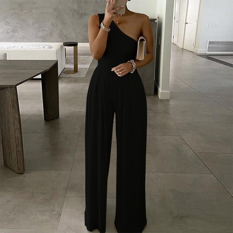 One-shoulder Sleeveless Asymmetric Casual Jumpsuit Solid Color Jumpsuit