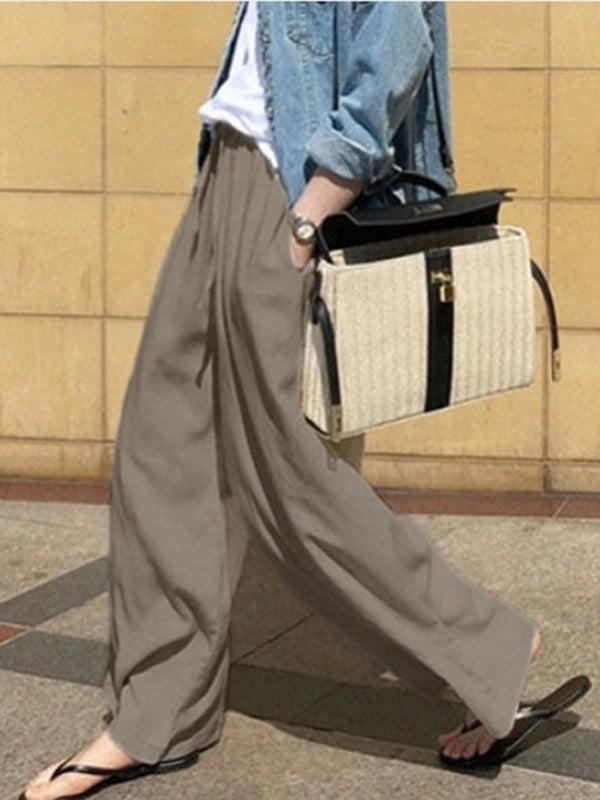 Drawstring Pockets Solid Color High Waisted Loose Trousers Pants