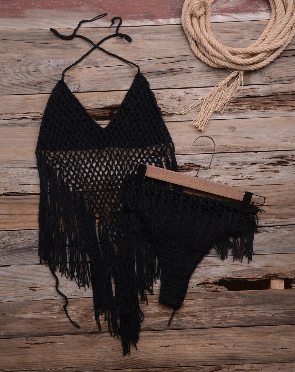 Cutout Hand Woven Tassel Split Swimsuit Set