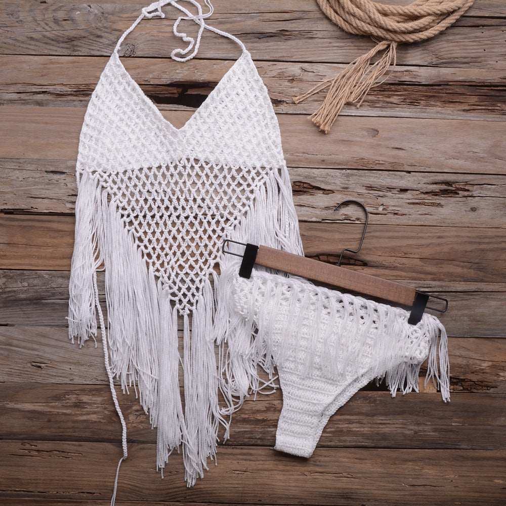 Cutout Hand Woven Tassel Split Swimsuit Set