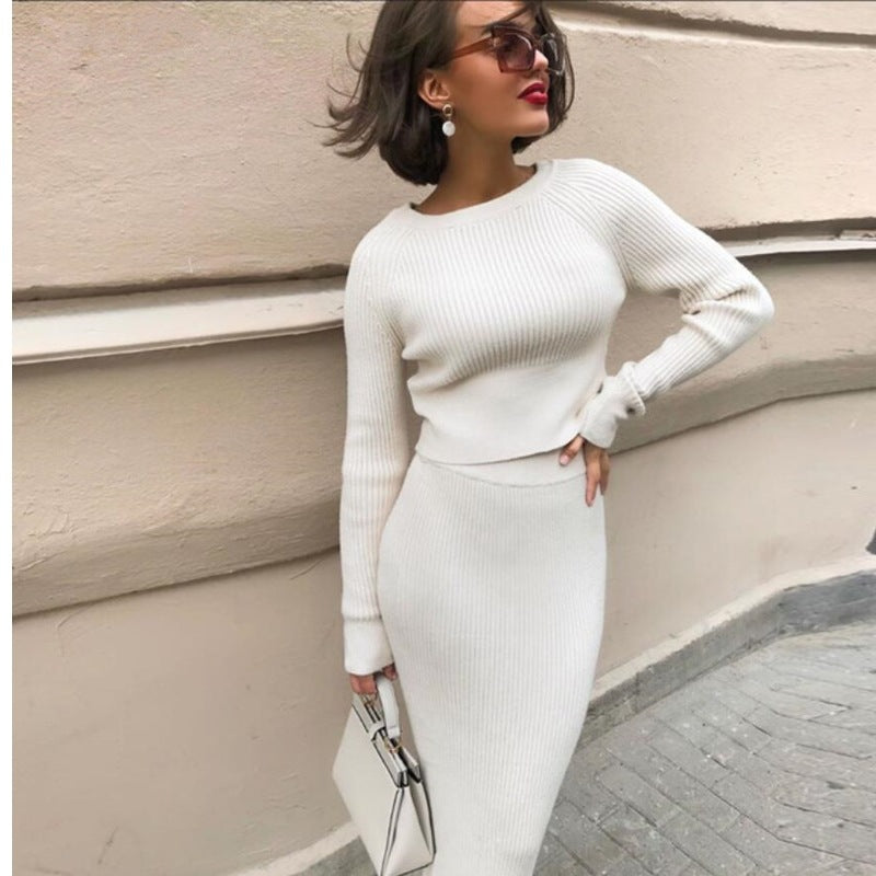 TWO PIECE SLIM FIT KNIT SKIRT WITH LONG SLEEVE CROP TOP