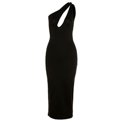 Summer New Women'S Fashion Oblique Shoulder Sexy Hollow Slim Mid-Length Dress Women