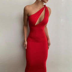 Summer New Women'S Fashion Oblique Shoulder Sexy Hollow Slim Mid-Length Dress Women