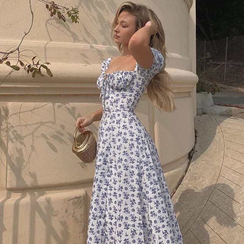 Daisy Printed Puff Sleeve High Slit Maxi Sundress