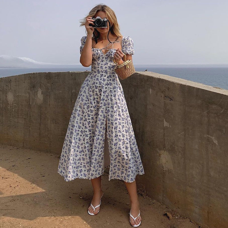 Daisy Printed Puff Sleeve High Slit Maxi Sundress