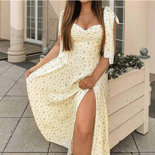 Daisy Printed Puff Sleeve High Slit Maxi Sundress