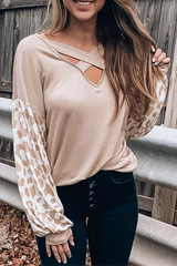 Casual Leopard Hollowed Out Split Joint V Neck Tops
