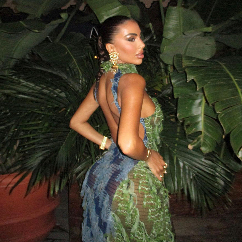 SORA Shaggy Green Halter Midi Dress