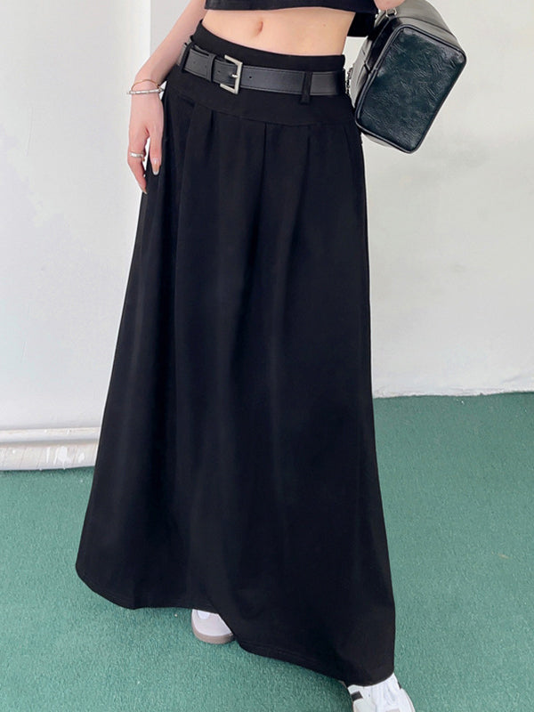 Belted Pleated Solid Color A-Line High Waisted Skirts Bottoms