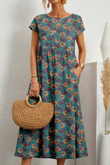 Casual Floral Pocket O Neck Printed Dress Dresses(8 Colors)
