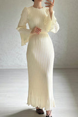 Street Solid Patchwork Pleated O Neck Long Dress Dresses(4 Colors)
