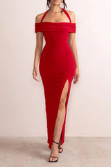 Sexy Solid Slit Halter A Line Dresses