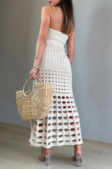 Sexy Vacation Solid Hollowed Out Strapless Beach Dresses