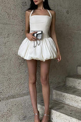 Street Solid Color Patchwork Backless Ruched Halter Bud Dresses