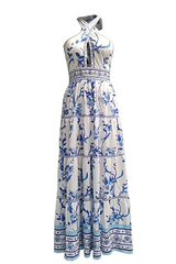 Vacation Elegant Floral Print Hollow Out Backless Halter Sleeveless Dresses