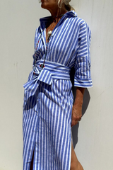 Casual Geometric Print Lace Up Buttons Turndown Collar Shirt Dresses(5 Colors)