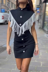Casual  Buttons Tassel Half A Turtleneck Wrapped Skirt Dresses