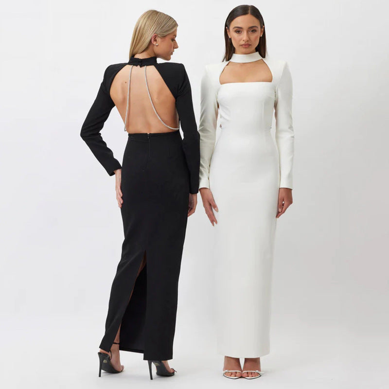 Sexy Fashionable Fitted Long Sleeve Rhinestone Backless Slit Long Dress