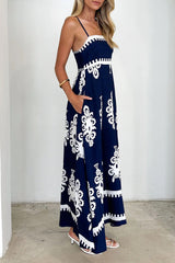 Vacation Geometric Print Pocket Contrast Square Neck Sling Dresses