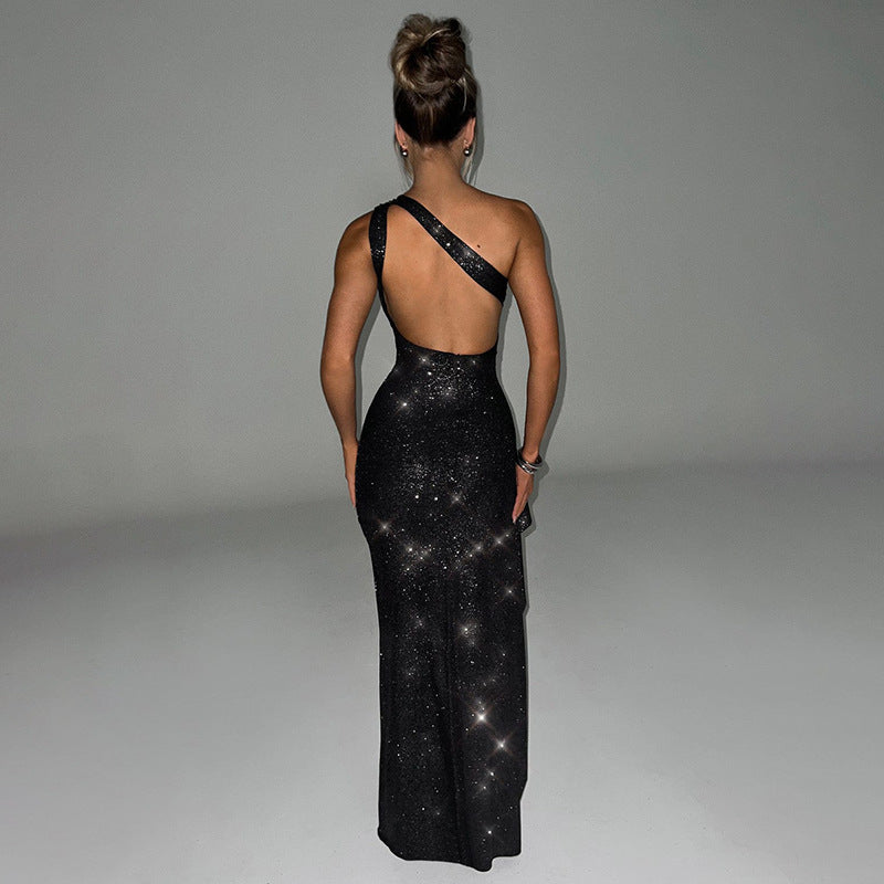 Nia Sparkle Mesh One-Shoulder Maxi Dress