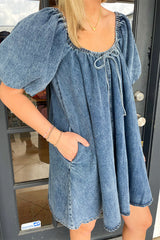 Casual Draw String Pocket Square Neck Short Sleeve Loose Denim Dresses(3 Colors)