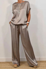 Casual Draw String Pocket O Neck Short Sleeve Two Pieces(4 Colors)