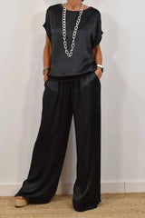 Casual Draw String Pocket O Neck Short Sleeve Two Pieces(4 Colors)
