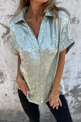 Casual Bronzing Pattern Patchwork Turndown Collar Blouses(5 Colors)