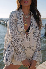 Casual Graffiti Print Tassel Contrast V Neck Long Sleeve Two Pieces