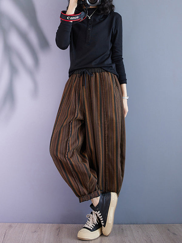 Drawstring Elasticity Split-Joint Striped Harem Pants High Waisted Trousers Pants