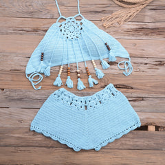 Hand-Wrapped Bohemian Tassel Hollow Out Cutout Bikini Set