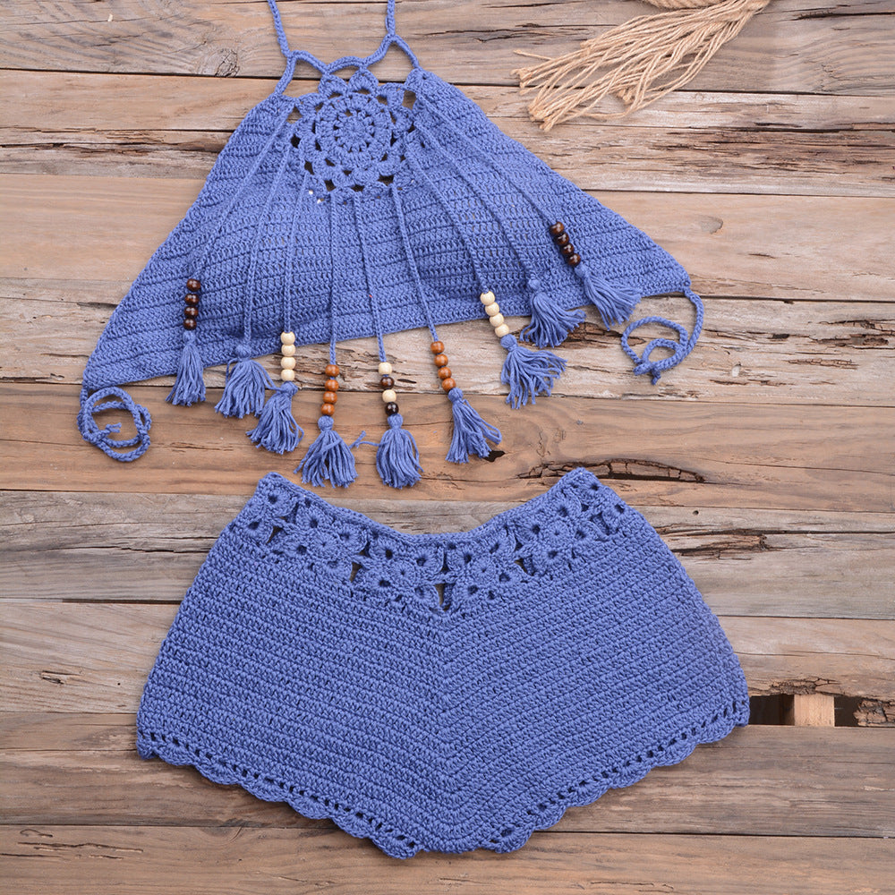 Hand-Wrapped Bohemian Tassel Hollow Out Cutout Bikini Set